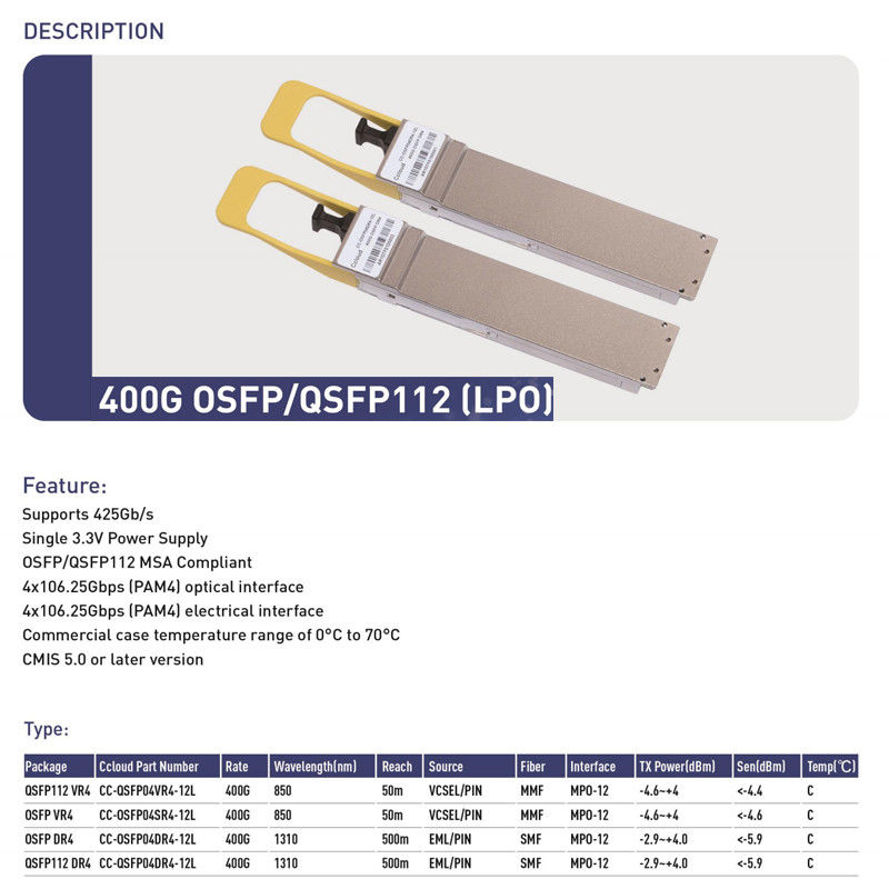 400G QSFP112 SR4 Hot-Plug Multimode Fiber Optic Transceiver 100m อินเตอร์คอนเนคต์สําหรับศูนย์ข้อมูลและอินเตอร์คอนเนคต์ออปติก