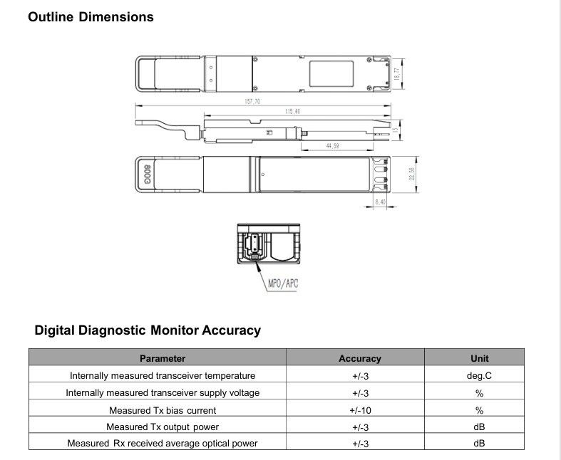 ขนาดความกว้างของแบนด์วิท 400G Ethernet Network OSFP SR4 Multimode Fiber Transceiver Module พร้อมฟังก์ชันการวินิจฉัยดิจิตอลแบบ Hot-Plug