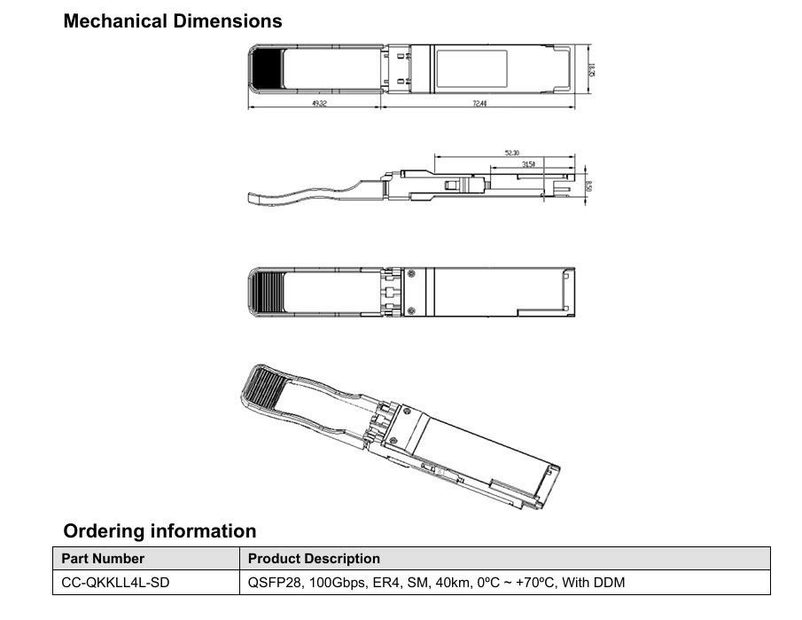 แหล่งพลังงาน 3.3V ตัวเดียว 100GBase QSFP28 ER4 อุปกรณ์ไฟเบอร์ออปติก 40KM มอกล็อกซ์ LC Optical Transceiver Module สําหรับความต้องการของคุณ