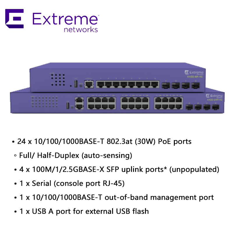 สวิตช์ Extreme Networks X435 AVB 24 พอร์ต X435 4S 68Gbps 50.6Mpps ใหม่และของแท้